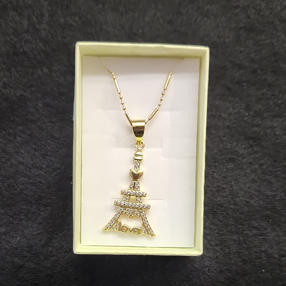 Gold Eiffel Tower Pendant Necklace Love